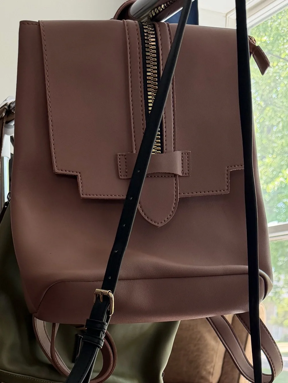 Women's Mauve Faux Leather Backpack with Gold Zip Accent - Picture 4 of 4